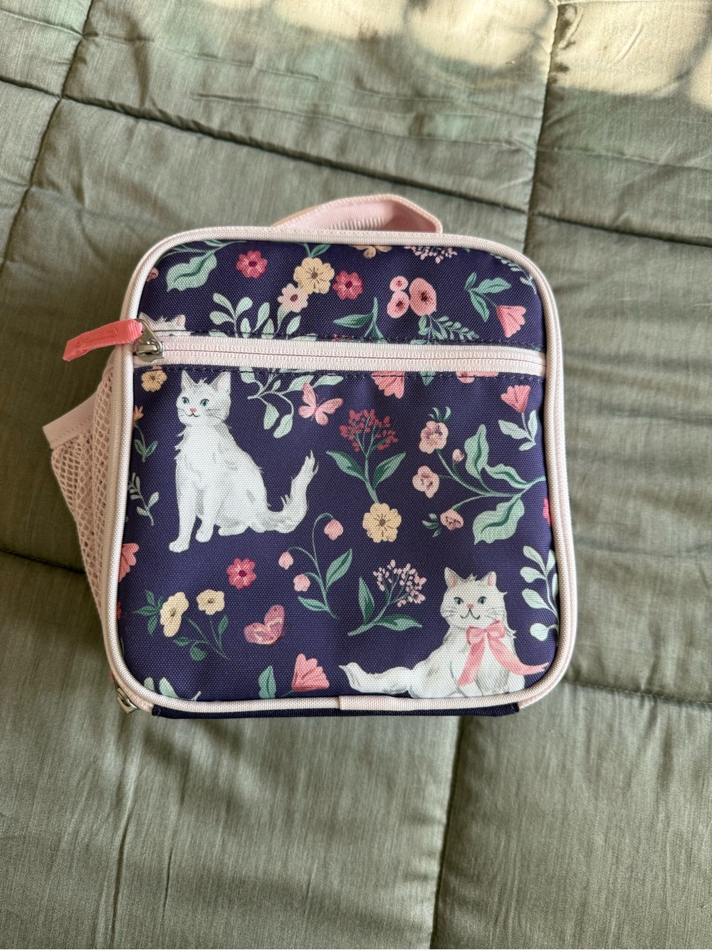 Pottery Barn Kids Navy Cat Floral Insulated Lunch Tote with Pink Trim